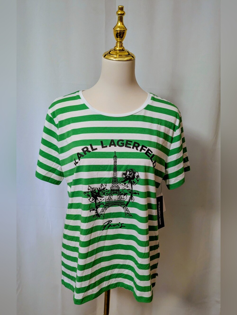 Karl Lagerfeld Paris Green & White Striped Tee NWT